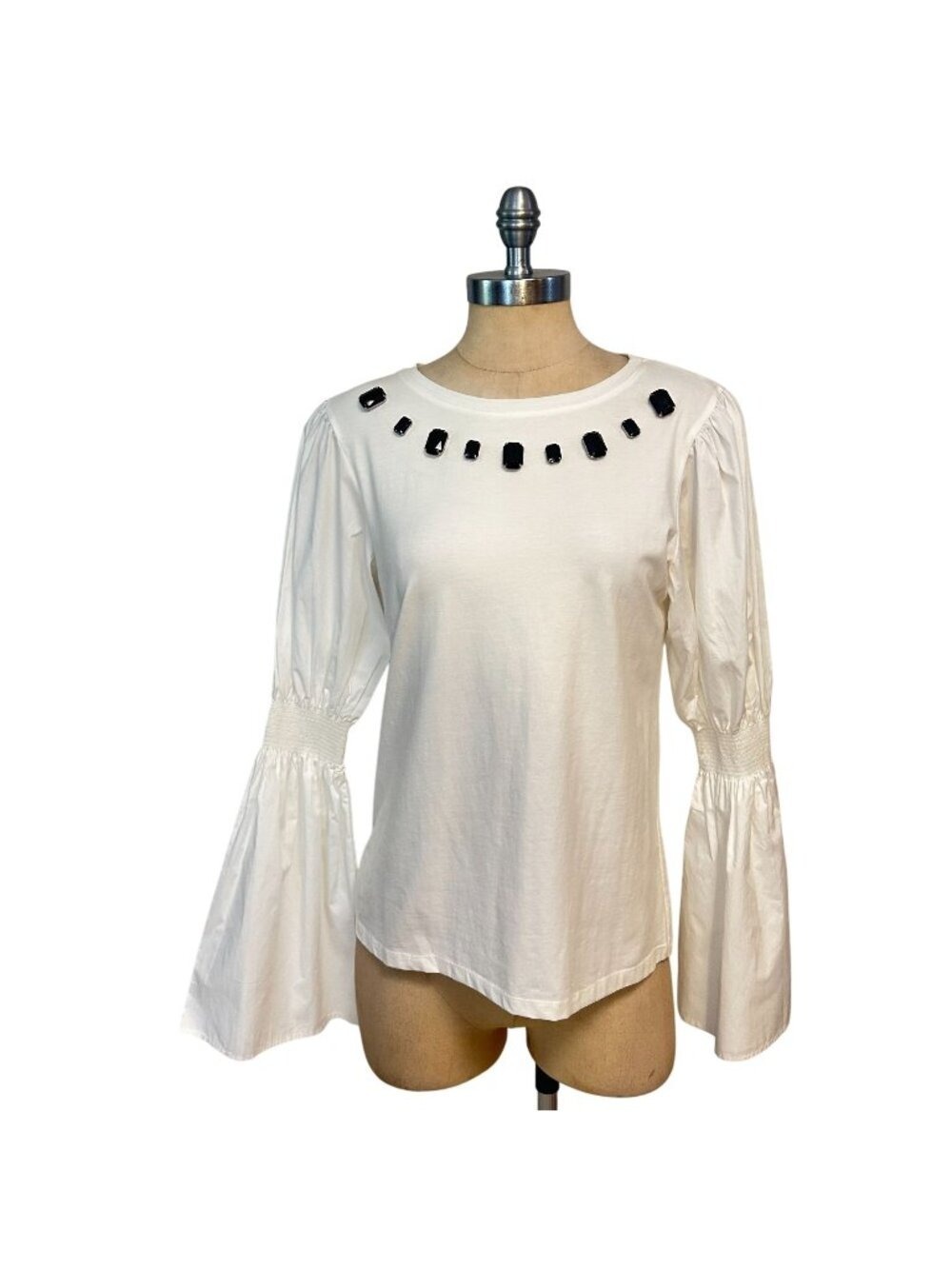 Alberto Makali White Top With Black Embellished Neckline Small NWT